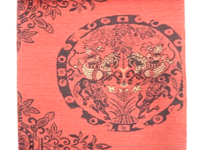  アンティーク　手織り紬　狩人に花更紗模様織り出し　名古屋帯地反物